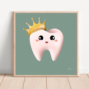 Poster con denti carini, decorazione per studio dentistico // Anatomia della corona dentale // Poster per la cura dei denti per bambini // Dente con corona, decorazione murale verde salvia