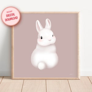 Baby Bunny Nursery Print: Fluffy White Rabbit, Old Rose Decor (Digital Download)