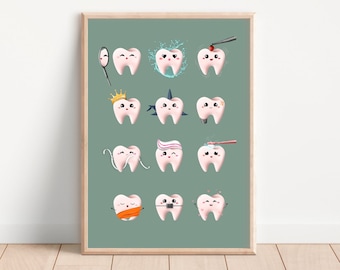 Cute Teeth Poster Dentist Office Decor || Dental Tooth Anatomy || Teeth Care for Kids Poster Clinic || Tooth With Brush Wall Art Sage Green