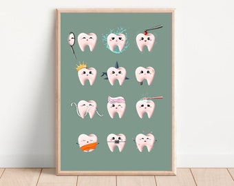 Cute Teeth Poster Dentist Office Decor || Dental Tooth Anatomy || Teeth Care for Kids Poster Clinic || Tooth With Brush Wall Art Sage Green