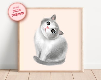 Gray Cat Nursery Print: Adorable Fluffy Kitty Poster (Digital Download)