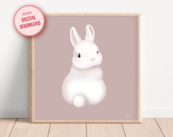 Baby Bunny Nursery Print: Fluffy White Rabbit, Old Rose Decor (Digital Download)