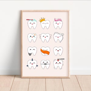 Cute Teeth Poster Dentist Office Decor || Dental Art || Teeth Care for Kids Poster Clinic || Tooth With Brush Wall Art Beige