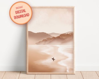 Minimalist Surfer Beach Print: Tropical Beige Wall Art (Digital Download)