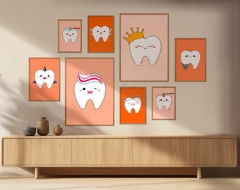 Cartoon Teeth Prints: Playful Dental Clinic Gallery Wall Art (Set of 12) (Digital Download)