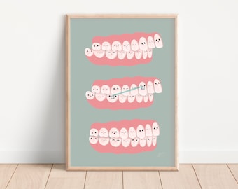 Cute Teeth Poster Orthodontist Office Decor || Teeth Alignment Anatomy || Teeth Care for Kids Poster Clinic || Dentist Decor Sage Green