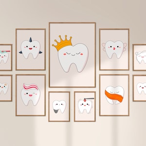 Dentist Gallery Wall Cute Teeth, Dental Clinic Digital File | Dentist Decor Set of 12 Drawings, Tooth Care Poster | Minimalist Dentistry Art
