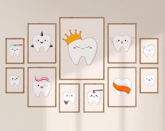 Dentist Gallery Wall Cute Teeth, Dental Clinic Digital File | Dentist Decor Set of 12 Drawings, Tooth Care Poster | Minimalist Dentistry Art