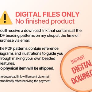 Puede incluir: Gr&aacute;fico de descarga digital con el texto "DIGITAL FILES ONLY" y "INSTANT DIGITAL DOWNLOAD". La imagen incluye una se&ntilde;al de advertencia amarilla y texto que explica que los patrones de abalorios PDF est&aacute;n disponibles por correo electr&oacute;nico.