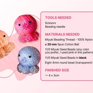 Pode incluir: Tr&ecirc;s figuras de contas em forma de polvo nas cores p&ecirc;ssego, rosa choque e azul claro. O texto lista ferramentas e materiais, incluindo fio Miyuki, uma bola de algod&atilde;o de 20 mm, contas 11/0 e contas redondas de 4 mm. Tamanho final 4 x 3 cm.
