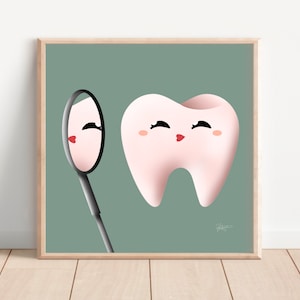 Poster con simpatici denti, decorazione per studio dentistico / Igiene dentale / Clinica per la cura dei denti per bambini / Specchio da parete per la cura dei denti, verde salvia