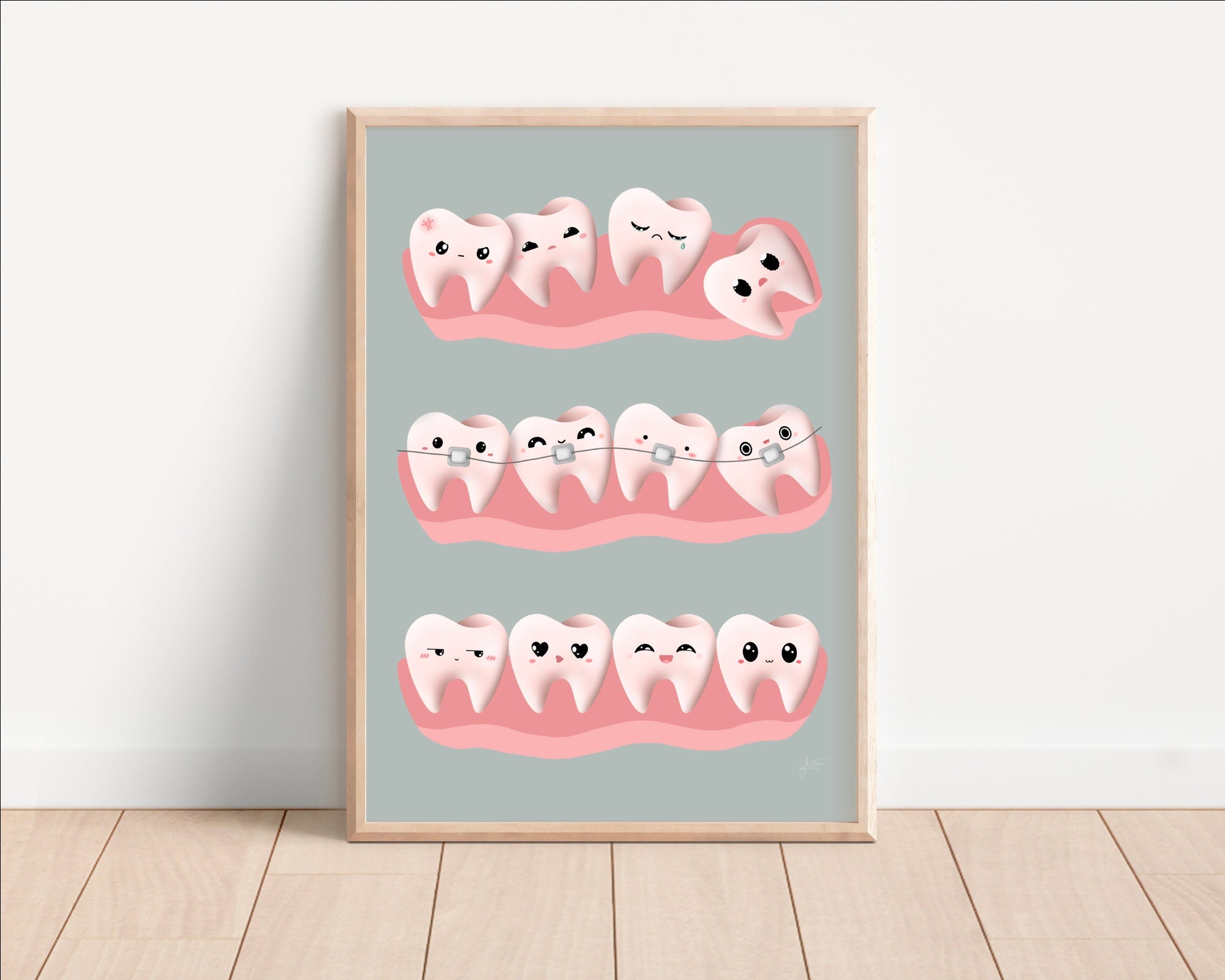 Cute Teeth Poster Orthodontist Office Decor || Teeth Braces Anatomy || Teeth Care for Kids Poster Clinic || Dentist Decor Sage Green