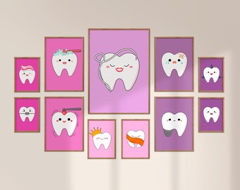 Dental Clinic Art: Set of 12 Cartoon Teeth Prints (Digital Download)