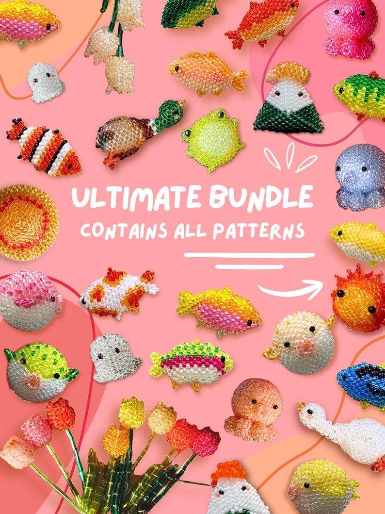 Puede incluir: Una colecci&oacute;n de coloridas figuras de animales y plantas con cuentas, incluyendo peces, un pato, una rana y flores, sobre un fondo rosa. Se muestra el texto "ULTIMATE BUNDLE CONTAINS ALL PATTERNS".