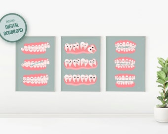 PRINTABLE Set of 3 Prints for Orthodontist Clinic | Dental Anatomy Digital Download | Cute Teeth Alignment Art for Kids | Dentist Wall Decor