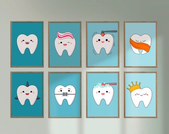 Dental Clinic Art: Set of 12 Cartoon Teeth Prints (Digital Download)