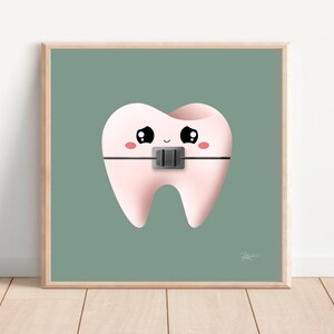 Poster con denti carini e apparecchio per denti, decorazione per studio dentistico / Cura dentale / Clinica per la cura dei denti per bambini / Decorazione murale con denti con apparecchio, verde salvia