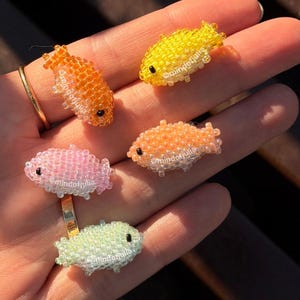 Pu&ograve; includere: Cinque anelli a forma di pesce con perline nei toni dell'arancione, giallo, rosa e verde. Ogni anello presenta un piccolo design di pesce dettagliato con occhi neri. Gli anelli sono esposti su una mano, mostrando i gioielli colorati e fatti a mano.