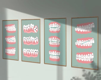 PRINTABLE Set of 4 Prints for Orthodontist Clinic | Dental Anatomy Digital Download | Cute Teeth Alignment Art for Kids | Dentist Wall Decor