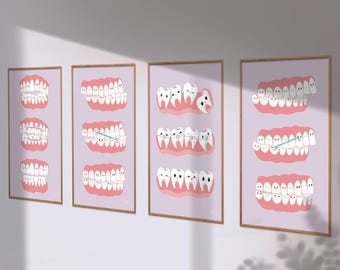 PRINTABLE Set of 4 Prints for Orthodontist Clinic | Dental Anatomy Digital Download | Cute Teeth Alignment Art for Kids | Dentist Wall Decor