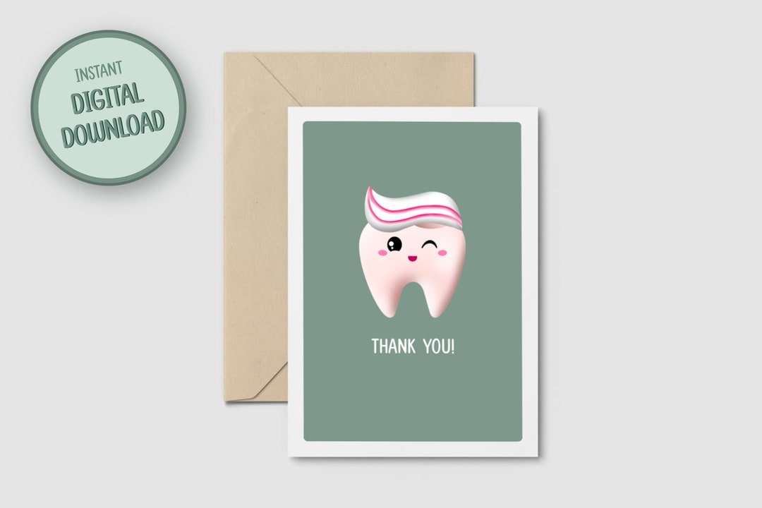 Printable Thank You Card for Dentist, Cute Tooth Greeting Card Design