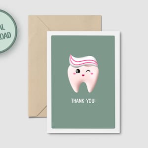 Carte de remerciement imprimable pour dentiste, conception de carte de voeux de dent mignonne pour dire merci à l'assistant dentaire ou à l'orthodontiste, carte d'appréciation