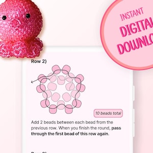 Pode incluir: Um tutorial de artesanato digital com uma figura de polvo feita de contas cor-de-rosa e um diagrama rotulado Row 2 mostrando um padr&atilde;o circular de contas com 10 contas no total. O texto fornece instru&ccedil;&otilde;es para adicionar 2 contas entre cada.