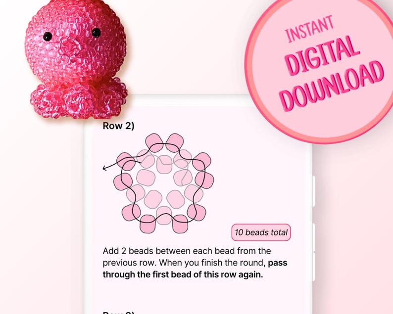 Pode incluir: Um tutorial de artesanato digital com uma figura de polvo feita de contas cor-de-rosa e um diagrama rotulado Row 2 mostrando um padr&atilde;o circular de contas com 10 contas no total. O texto fornece instru&ccedil;&otilde;es para adicionar 2 contas entre cada.