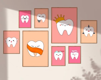 Dental Clinic Art: Set of 12 Colorful Cartoon Teeth Prints (Digital Download)