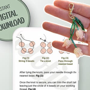 May include: A beaded keychain featuring three flower-shaped charms. The flowers are made of small, light pink beads, with green beaded stems and a gold-colored clasp. The image also shows a digital download with instructions.