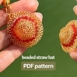 May include: Gold beaded straw hat earrings with red accents. The earrings are round and feature a detailed design. The image also includes the text "beaded straw hat" and "PDF pattern".