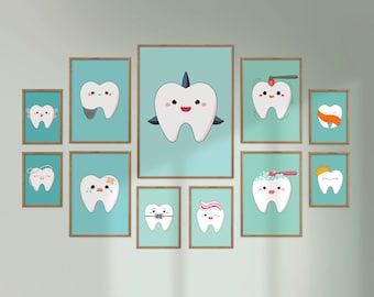 Dental Clinic Art: Set of 12 Cartoon Teeth Prints (Digital Download)