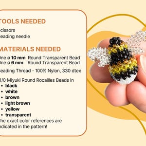 May include: A handmade beaded bee with black, yellow, and white details. The bee is held in a person's hand. The image also includes a list of materials and tools needed to create the bee, including scissors, a beading needle, and various beads.