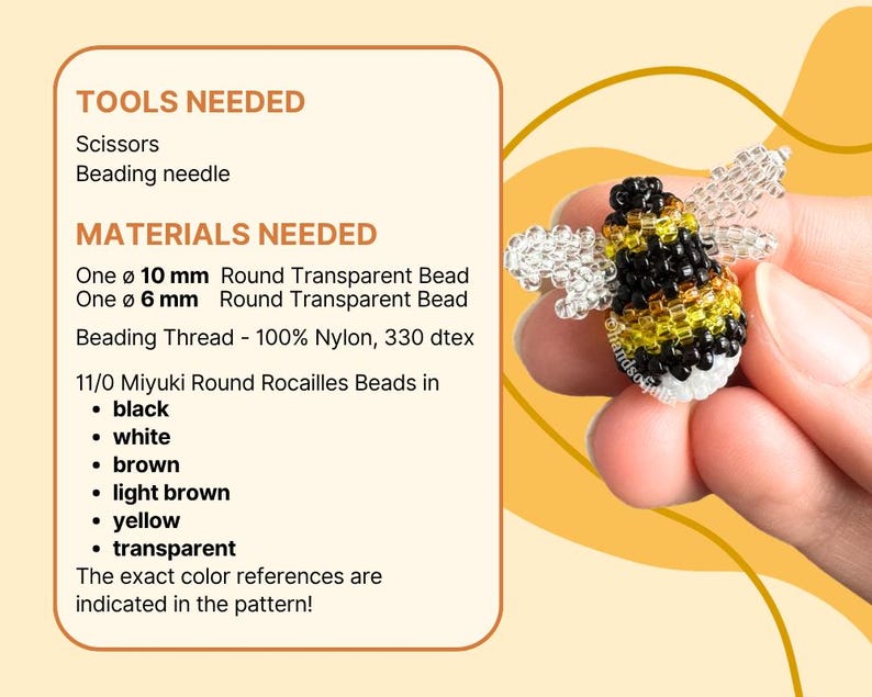 May include: A handmade beaded bee with black, yellow, and white details. The bee is held in a person's hand. The image also includes a list of materials and tools needed to create the bee, including scissors, a beading needle, and various beads.