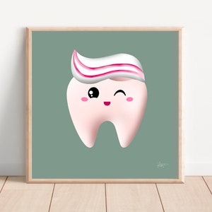Niedliche Zähne Poster Zahnarzt Büro Dekor || Zahnanatomie || Zahnpflege für Kinder Poster || Zahn mit Zahnpasta Wand Kunst Salbei grün