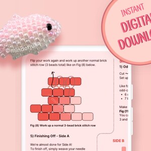 Pu&ograve; includere: Una figurina di pesce rosa perlato con occhi neri &egrave; sopra una grafica di download digitale. L'immagine include le istruzioni per una fila di punti a mattoni e il testo "Download digitale istantaneo."