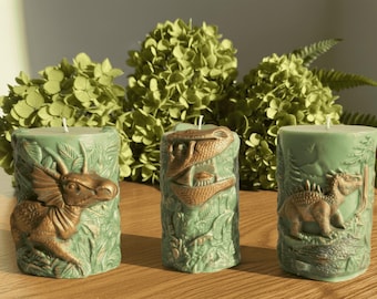 Handmade Dinosaur Candles, Jurassic Decor, Triceratops, Velociraptor, Stegosaurus