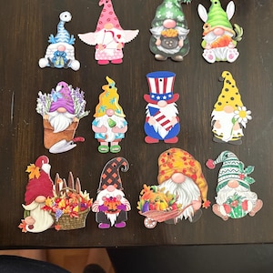 Interchangeable wood shapes printed gnomes for welcome and Home signs Holiday gnome ornaments birthday gift tags or refrigerator magnets