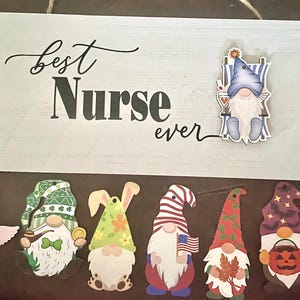 May include: A wooden sign with the words "Best Nurse ever" and a collection of gnome figurines. The gnomes are in various designs, including a nurse gnome, a cupid gnome, and gnomes with patriotic and seasonal themes.