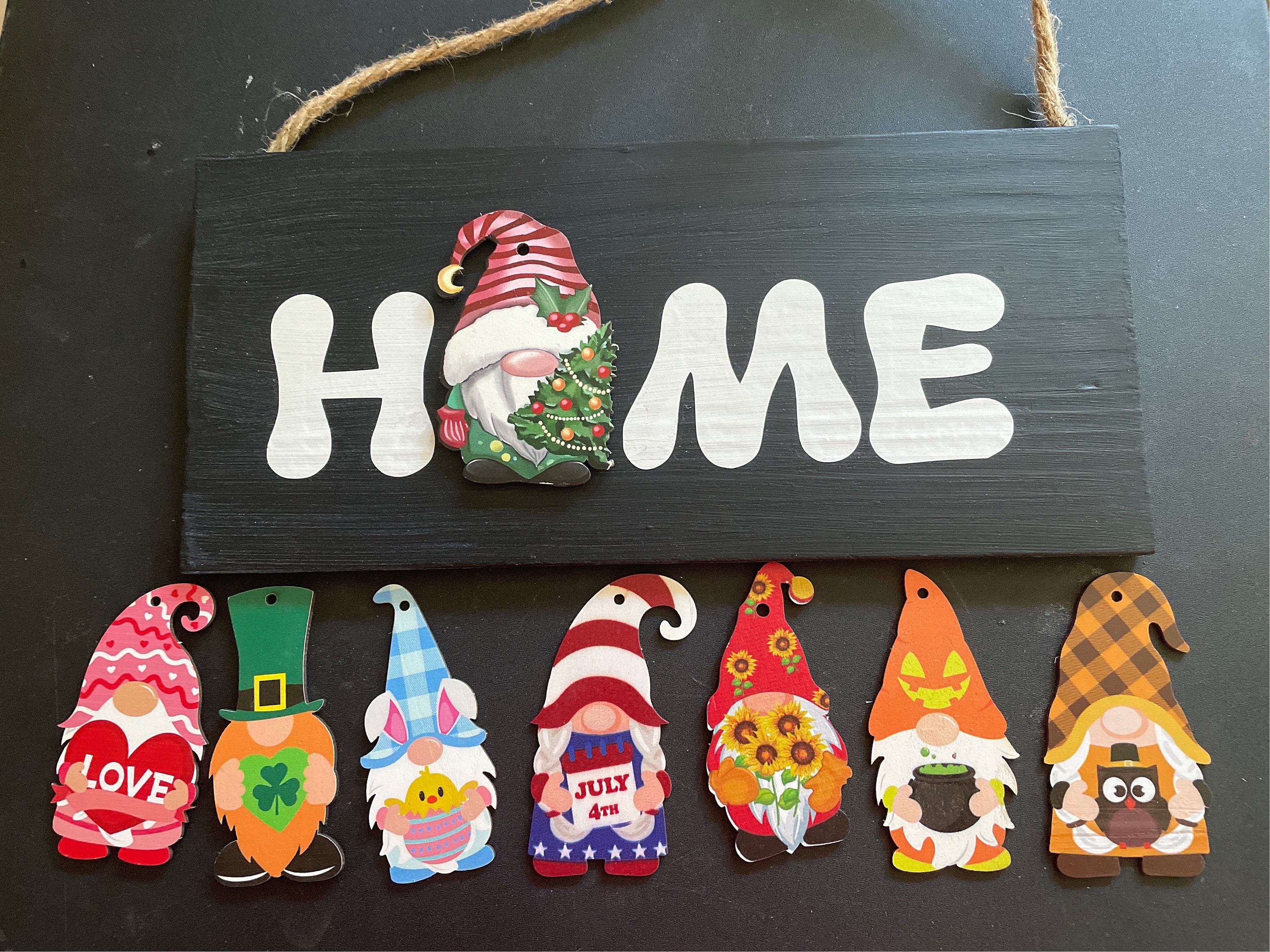 Interchangeable home sign with seasonal gnome decor door hanger for birthday black sign with white lettering