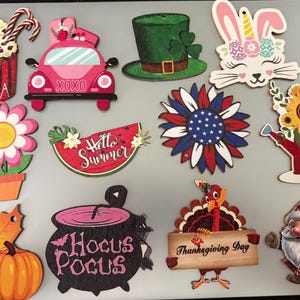Interchangeable seasonal wood pieces, interchangeable holidays, year round wreath sign, ornaments for tree, seasonl gift tags