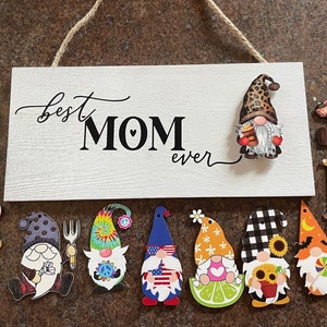Gnome sign customized 'Best Ever Mom' welcome seasonal sign door hanger for home, birthday gift for her, great Christmas present, personalized."