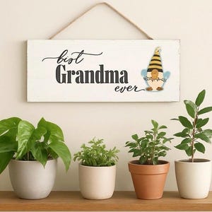 May include: A white wooden sign with the words "Best Grandma ever" in black script and a gnome illustration. The sign hangs from a jute rope. Below, four potted plants sit on a wooden shelf.
