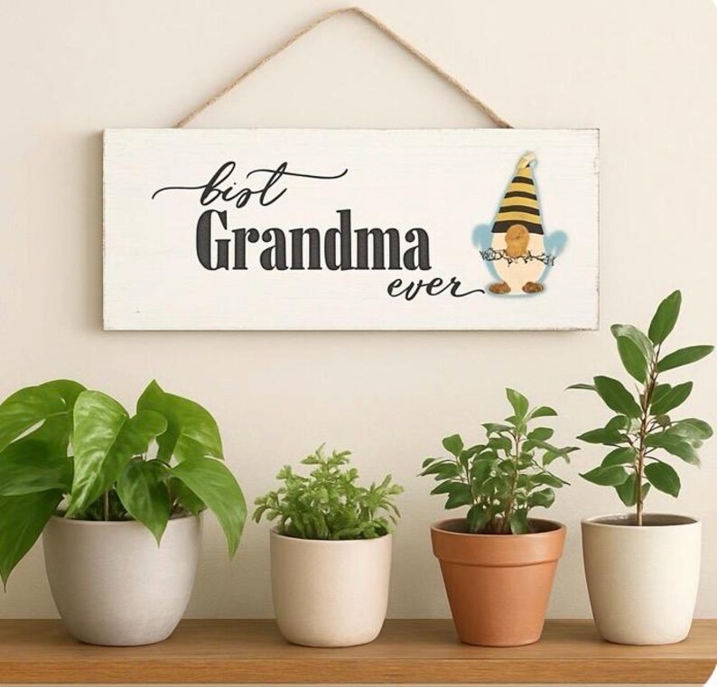 May include: A white wooden sign with the words "Best Grandma ever" in black script and a gnome illustration. The sign hangs from a jute rope. Below, four potted plants sit on a wooden shelf.