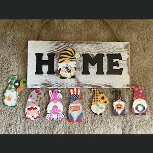 home gnome sign, gnomes, home decor, interchangeable sign, seasonal decor, door hanger, birthday present, mothersday gift new home