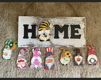 home gnome sign, gnomes, home decor, interchangeable sign, seasonal decor, door hanger, birthday present, mothersday gift new home