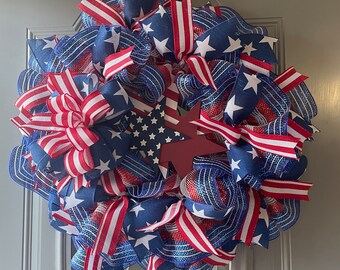 Patriotic Fourth of July wreath, front door wreath, red white blue decoration seasonal wreath, holiday decor gift idea 4th of July flag