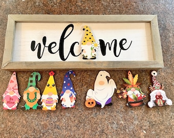 Welcome interchangeable gnome sign gift for holiday wall decor sign for birthday wall sign wedding family gift decoration house warming