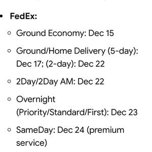 May include: A screenshot displays shipping deadlines for various services, including Ground Advantage, Priority Mail, FedEx, and UPS. Dates range from December 15th to December 24th. The text also mentions a 2025 Christmas shipping guarantee.
