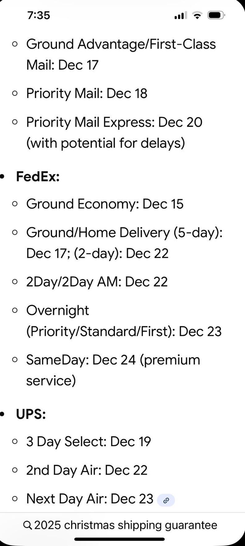 May include: A screenshot displays shipping deadlines for various services, including Ground Advantage, Priority Mail, FedEx, and UPS. Dates range from December 15th to December 24th. The text also mentions a 2025 Christmas shipping guarantee.